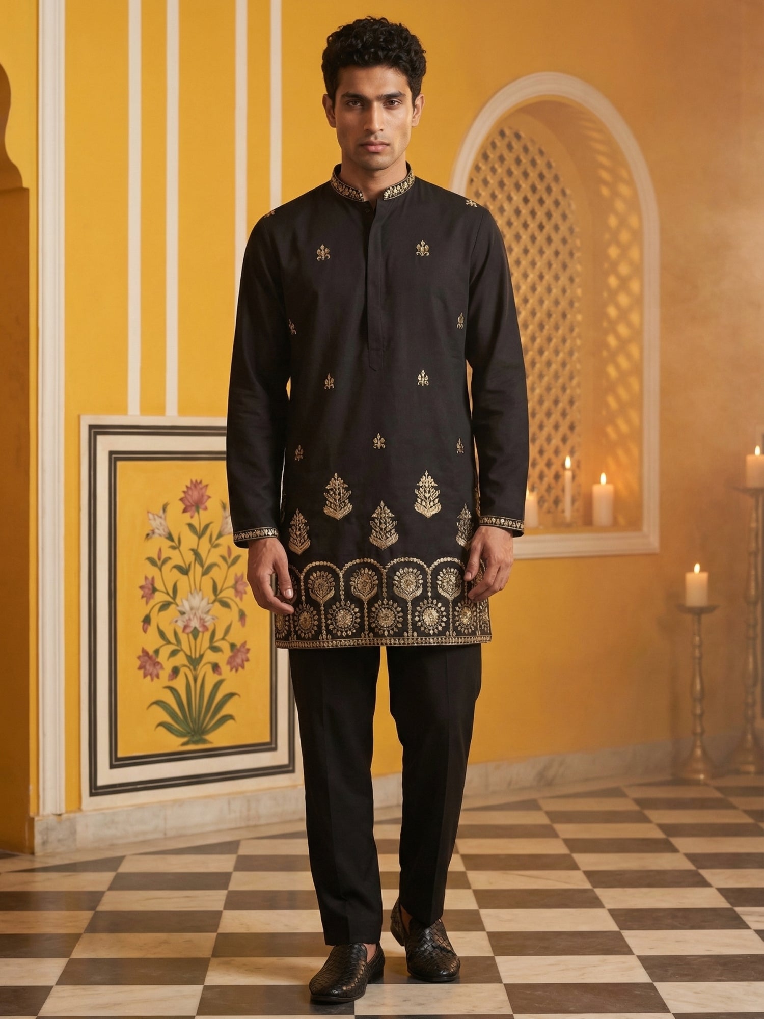 DesiQlo Men Embroidered Kurta Pyjama Set - Black - 65KP_B-P_5531Black_