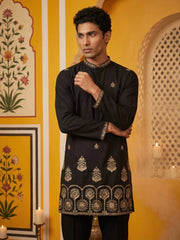 Men’s Classic Kurta Set with Rich Hemline Embroidery ( 65KP B-P 5531Black ) [FF] [A-1-2-3-4]