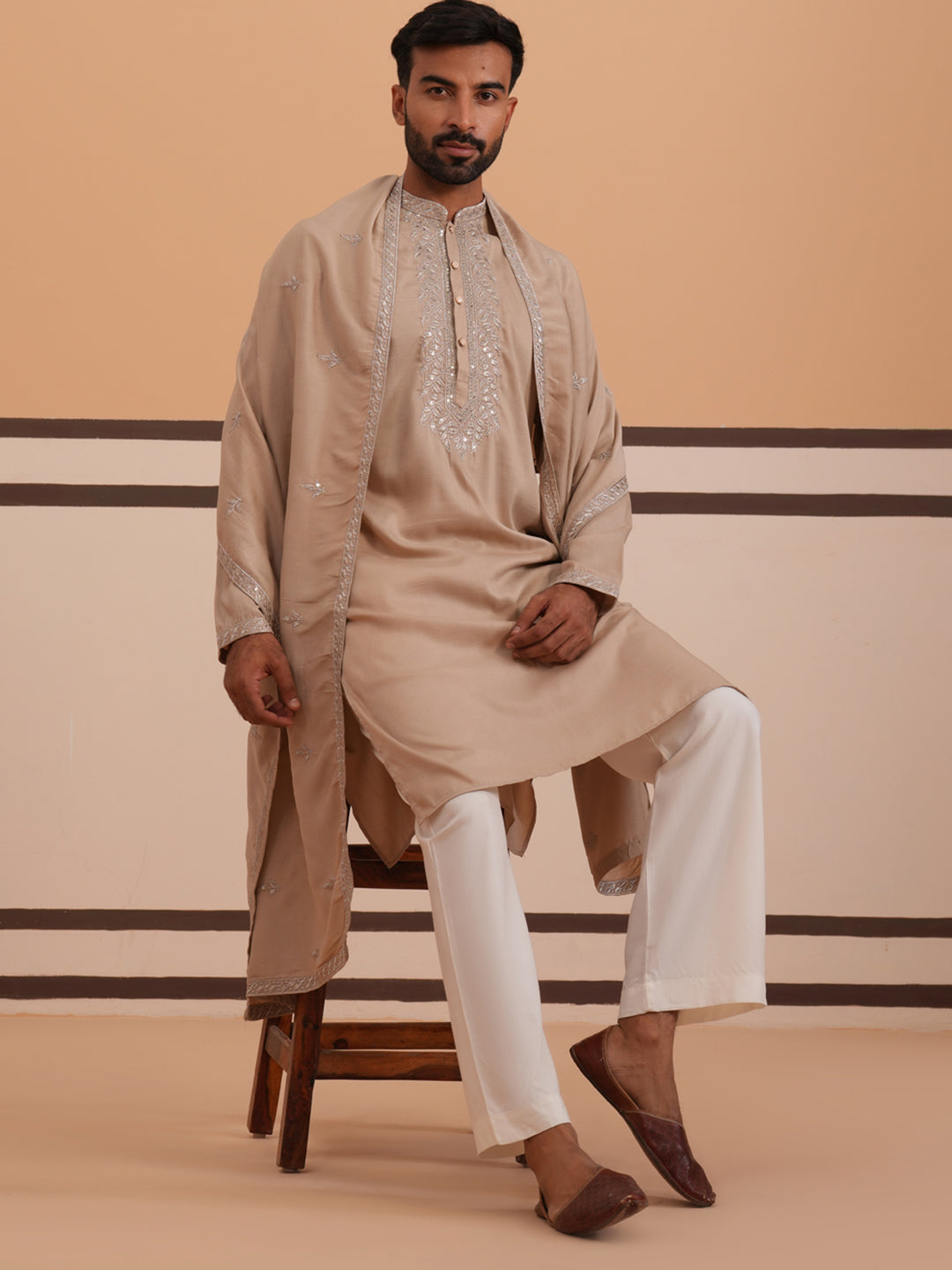 DesiQlo Men Embroidered Kurta Pyjama Set - Beige - 65KP_D-PJ11W_5375Be