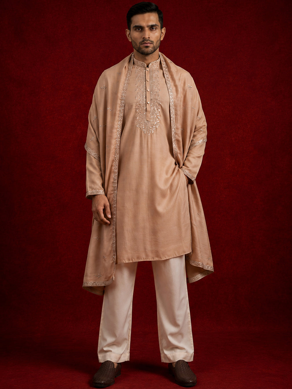 DesiQlo Men Embroidered Kurta Pyjama Set - Beige