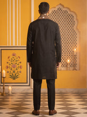 Men Silk Blend Solid Kurta Set with Paisley Printed Dupatta ( 65KP DM-M2 5586Black ) [FF] [WAISTCOAT]