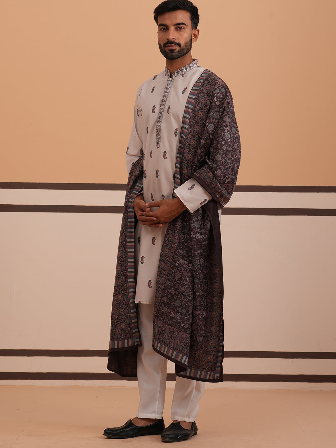 DesiQlo Men Printed Kurta Pyjama Set - Beige - 65KP_D_5374Cream_S
