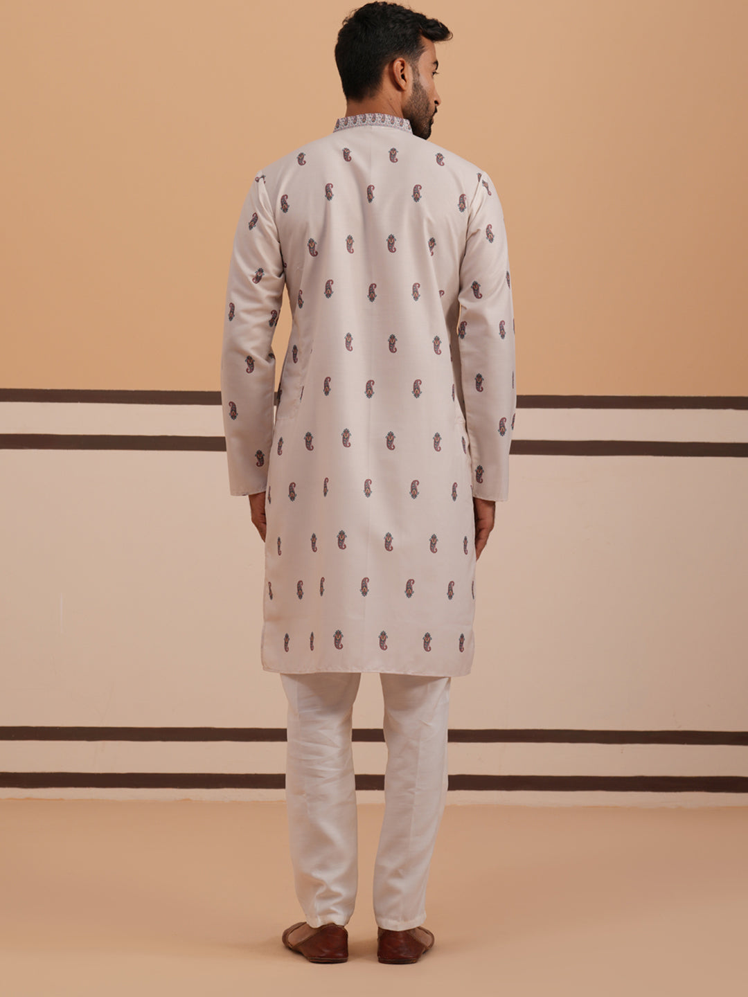 DesiQlo Men Printed Kurta Pyjama Set - Beige - 65KP_D_5374Cream_S