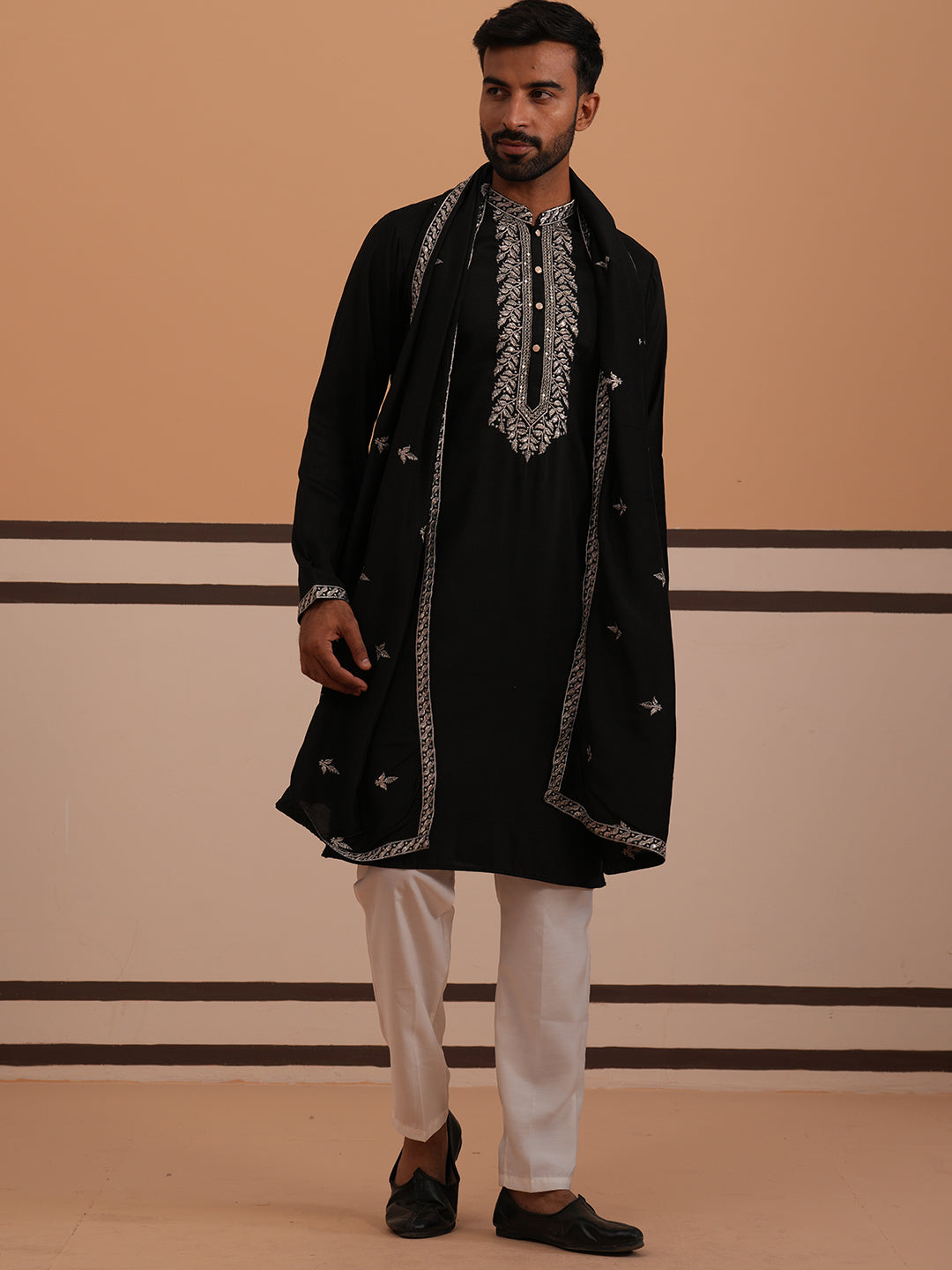 Silk Blend Kurta Set with Matching Embroidered Dupatta (65KP D 5375 Black ) [FF] [A-1-4]