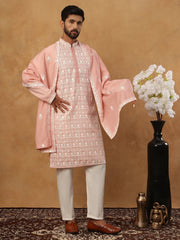 Silk Blend Embroidered Kurta Pyjama Dupatta Set (65KP D 5438 Peach ) [FF] [P-14]