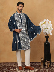 Silk Blend Embroidered Kurta Pyjama Dupatta Set (65KP D 5438 Peacock ) [FF] [P-14]