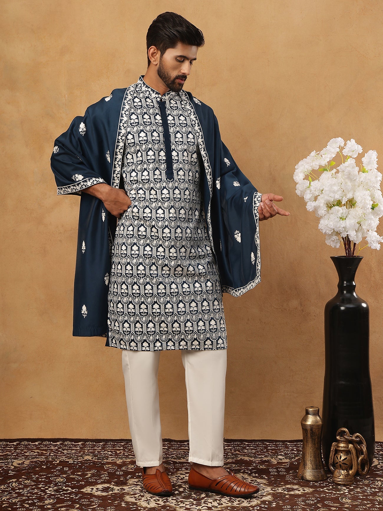DesiQlo Men Floral Kurta Pyjama Set - Multicolor - 65KP_D_5438Peacock_