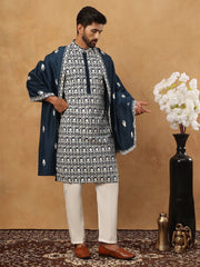 Silk Blend Embroidered Kurta Pyjama Dupatta Set (65KP D 5438 Peacock ) [FF] [P-14]