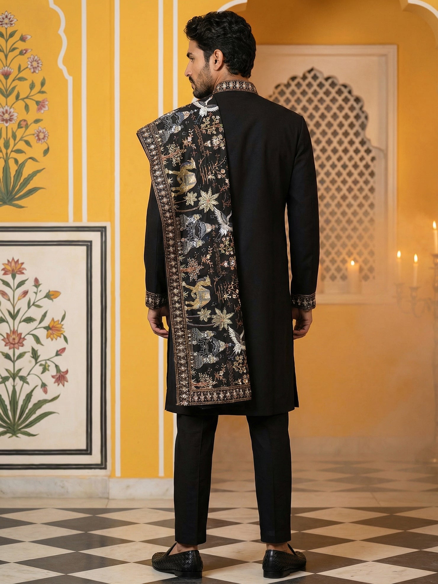 DesiQlo Men Embroidered Kurta Pyjama Set - Black - 65KP_B-P_D_5513Blac
