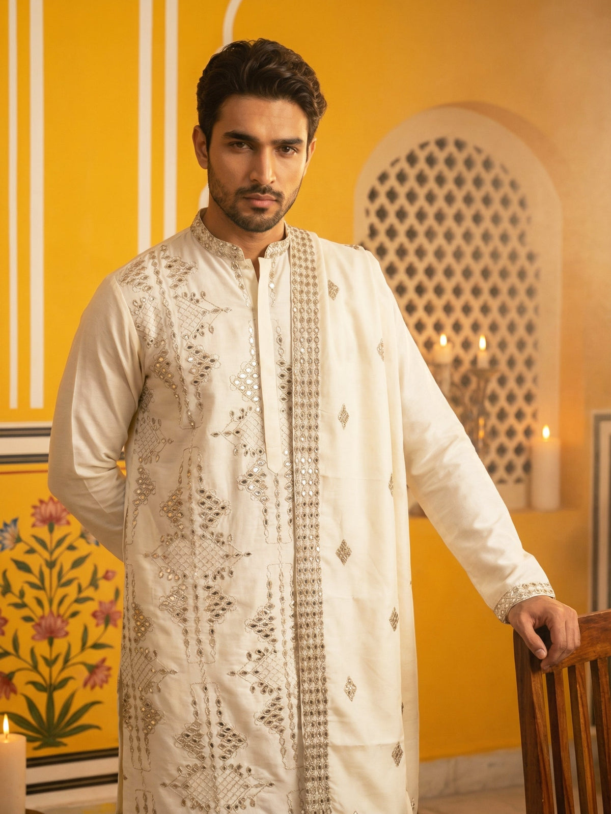 Men’s Embroidered Kurta Pyjama with Dupatta Set ( 65KP P D 5540Cream ) [FF] [L-2-5]