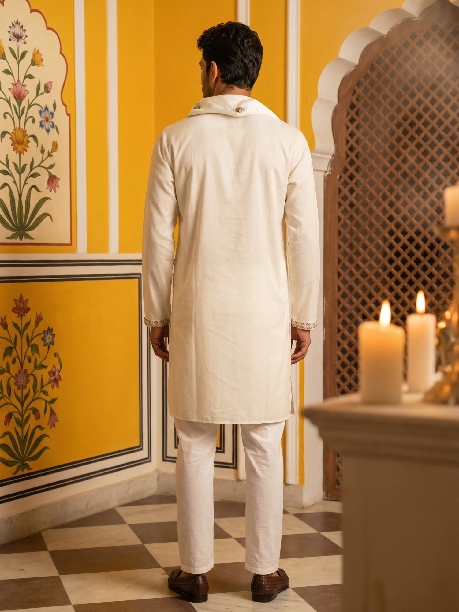 DesiQlo Men Embroidered Kurta Pyjama Set - Beige - 65KP_P_D_5540Cream_