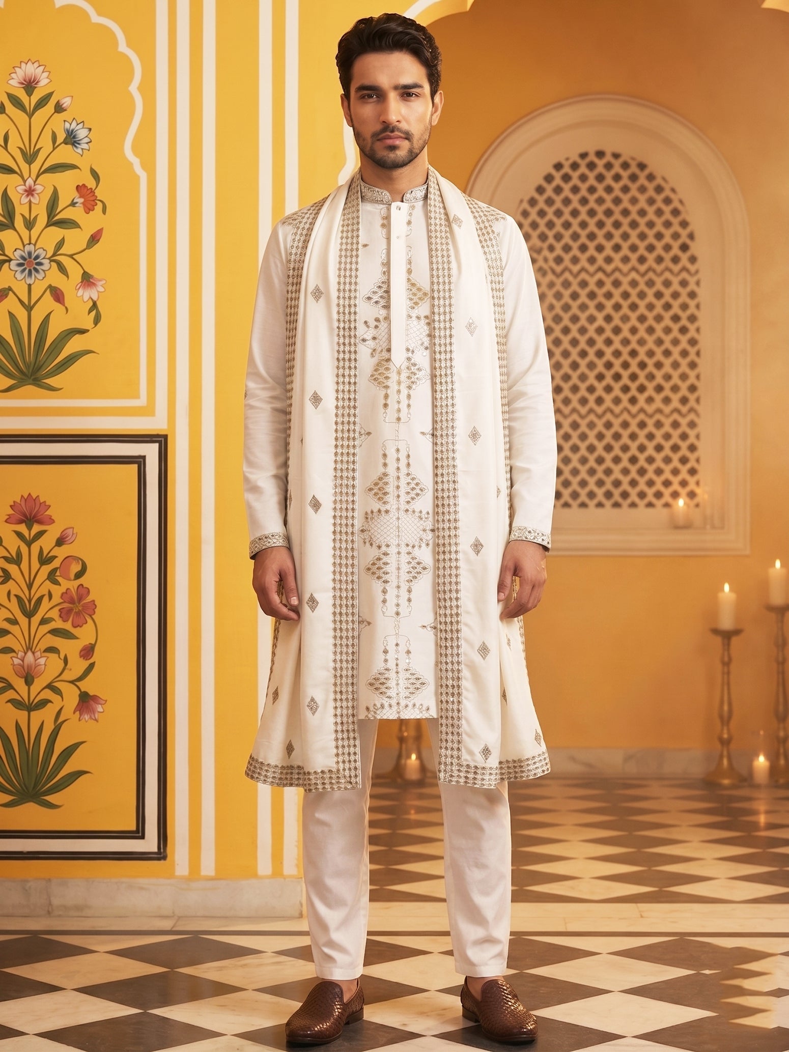 DesiQlo Men Embroidered Kurta Pyjama Set - Beige - 65KP_P_D_5540Cream_
