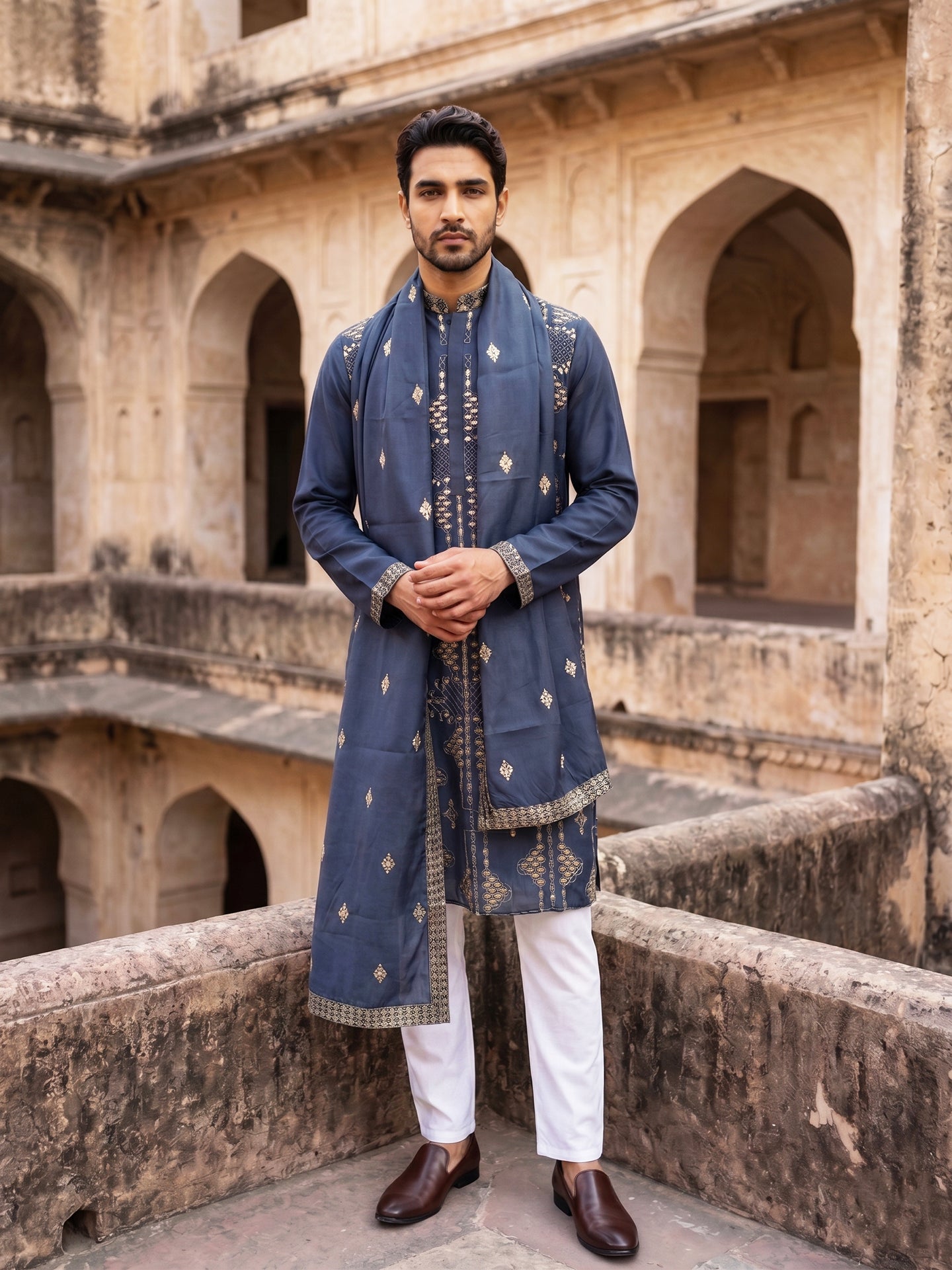 DesiQlo Men Embroidered Kurta Pyjama Set - Blue - 65KP_P_D_5540Navy_S