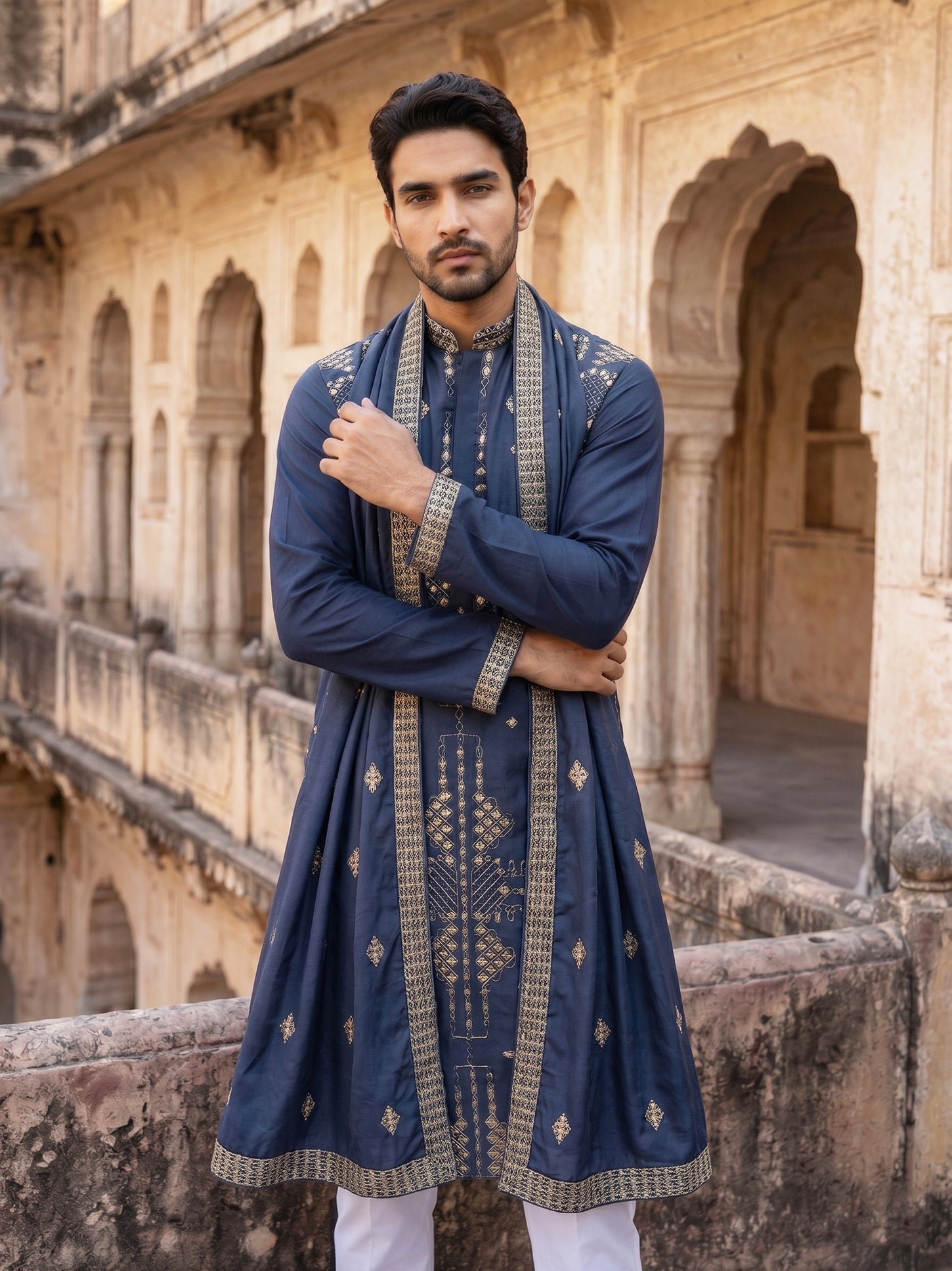 DesiQlo Men Embroidered Kurta Pyjama Set - Blue - 65KP_P_D_5540Navy_S