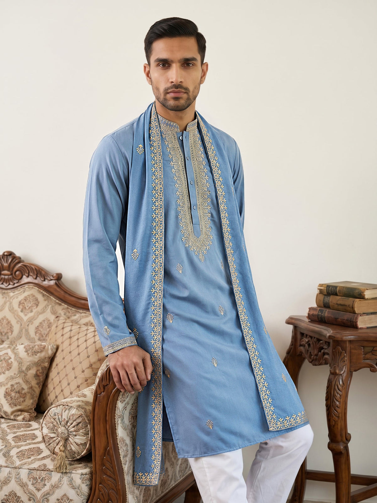 Men’s Traditional Thread Embroidered Kurta Set & Dupatta ( 65KP D 5549Blue ) [FF] [F-9]