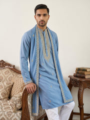 Men’s Traditional Thread Embroidered Kurta Set & Dupatta ( 65KP D 5549Blue ) [FF] [F-9]