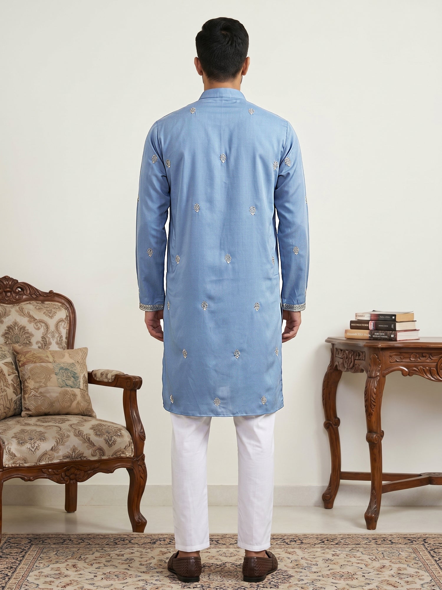 DesiQlo Men Embroidered Kurta Pyjama Set - Blue - 65KP_D_5549Blue_S