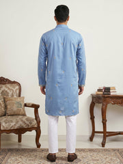 Men’s Traditional Thread Embroidered Kurta Set & Dupatta ( 65KP D 5549Blue ) [FF] [F-9]