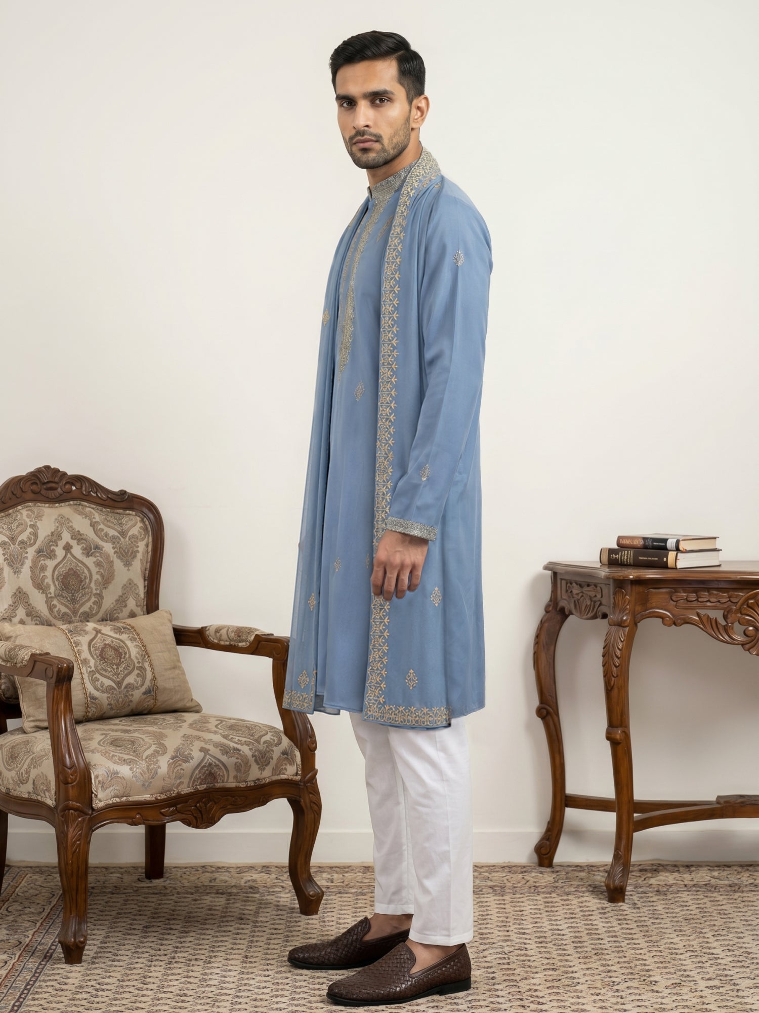DesiQlo Men Embroidered Kurta Pyjama Set - Blue - 65KP_D_5549Blue_S