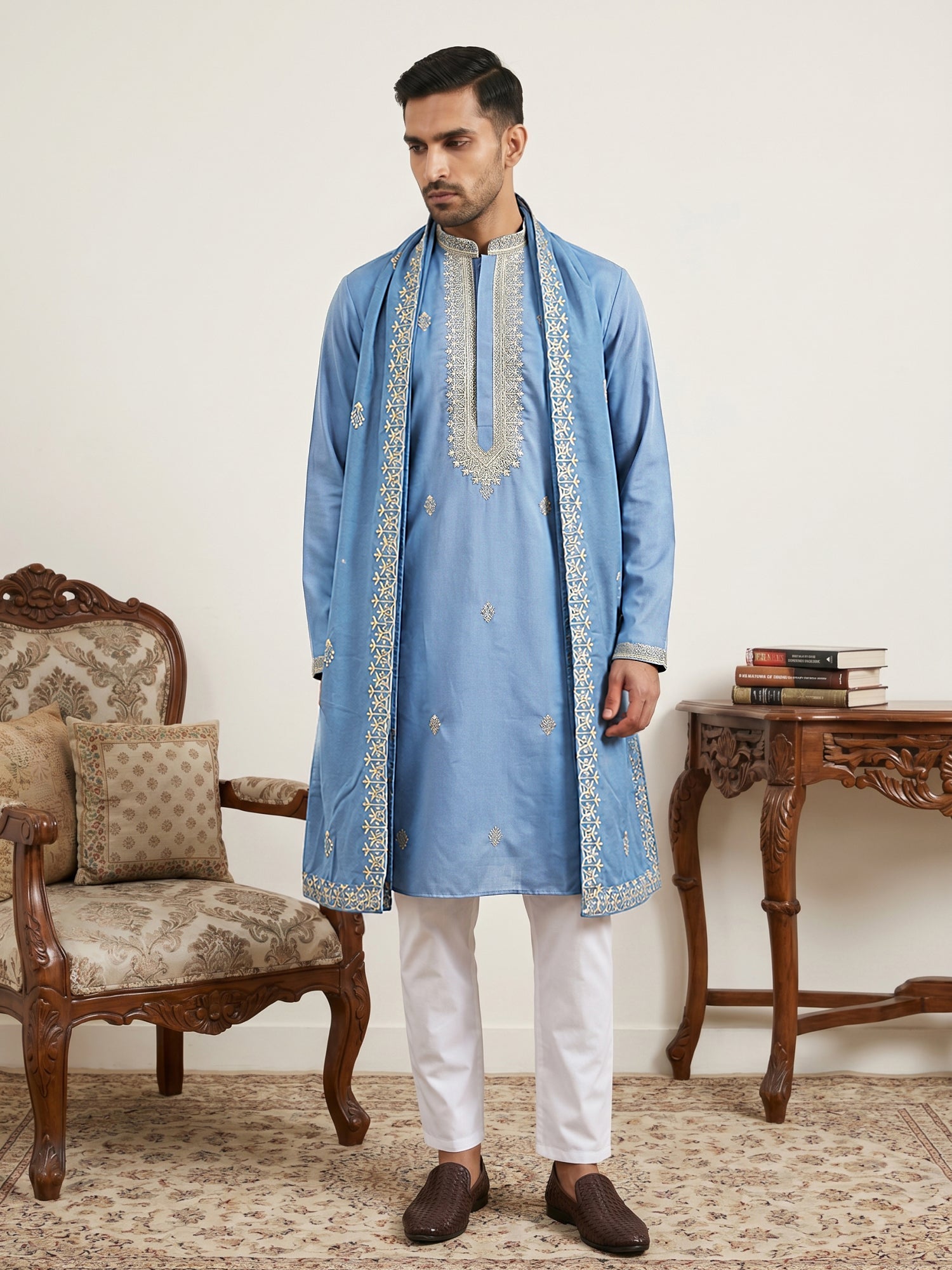 DesiQlo Men Embroidered Kurta Pyjama Set - Blue - 65KP_D_5549Blue_S
