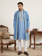 Men’s Traditional Thread Embroidered Kurta Set & Dupatta ( 65KP D 5549Blue ) [FF] [F-9]