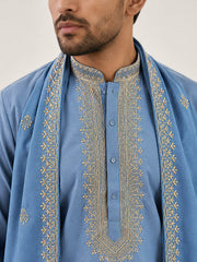 Men’s Traditional Thread Embroidered Kurta Set & Dupatta ( 65KP D 5549Blue ) [FF] [F-9]