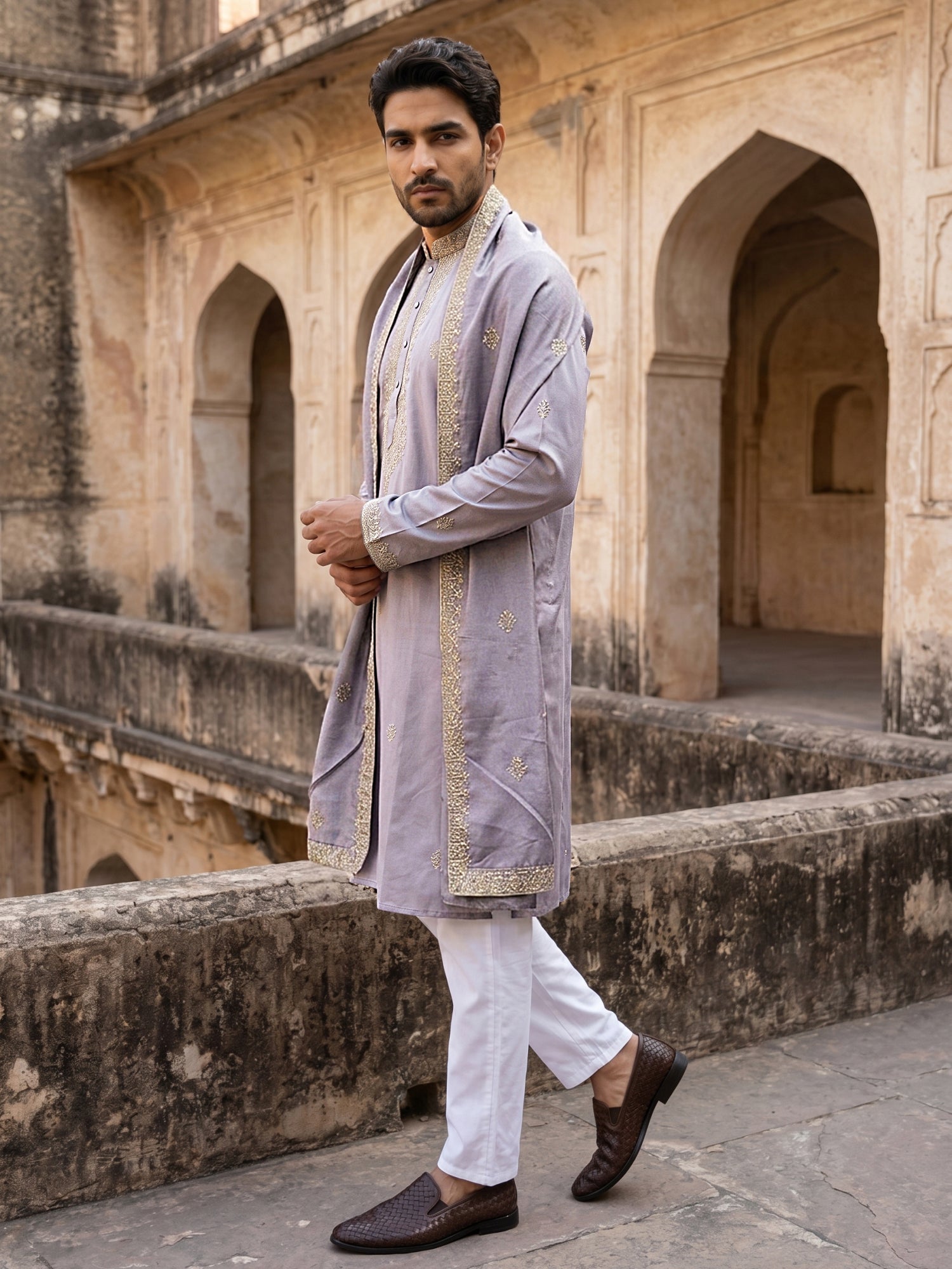 DesiQlo Men Embroidered Kurta Pyjama Set - Purple - 65KP_D_5549Purple_
