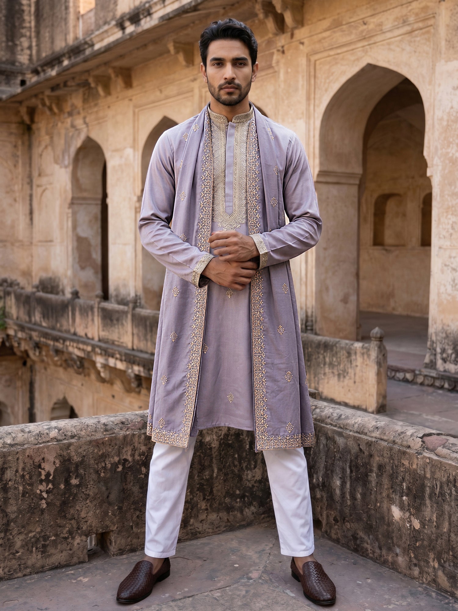 DesiQlo Men Embroidered Kurta Pyjama Set - Purple - 65KP_D_5549Purple_