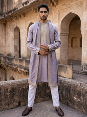 Men’s Traditional Thread Embroidered Kurta Set & Dupatta ( 65KP D 5549Purple ) [FF] [F-9]
