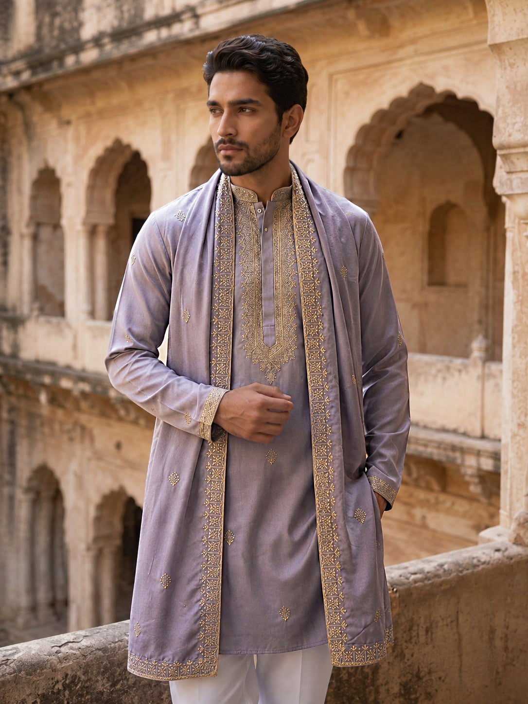 DesiQlo Men Embroidered Kurta Pyjama Set - Purple - 65KP_D_5549Purple_