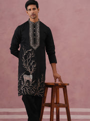 Men Ethnic Embroidered Kurta Set (65KP PJ11B 5342 Black )