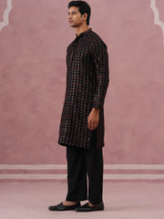 Silk Blend Embroidered Kurta Pyjama Set for Men (65KP PJ11B 5372 Black )