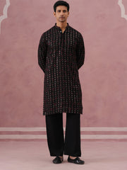 Silk Blend Embroidered Kurta Pyjama Set for Men (65KP PJ11B 5372 Black )
