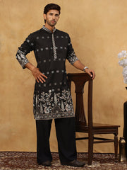 Men Silk Blend Embroidered Kurta Pyjama Set ( 65KP PJ11B 5458Black )