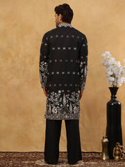 Men Silk Blend Embroidered Kurta Pyjama Set ( 65KP PJ11B 5458Black )