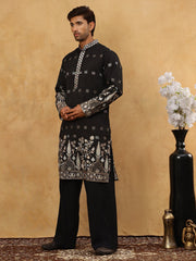 Men Silk Blend Embroidered Kurta Pyjama Set ( 65KP PJ11B 5458Black )
