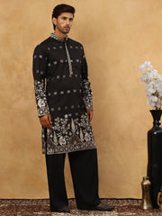 Men Silk Blend Embroidered Kurta Pyjama Set ( 65KP PJ11B 5458Black )