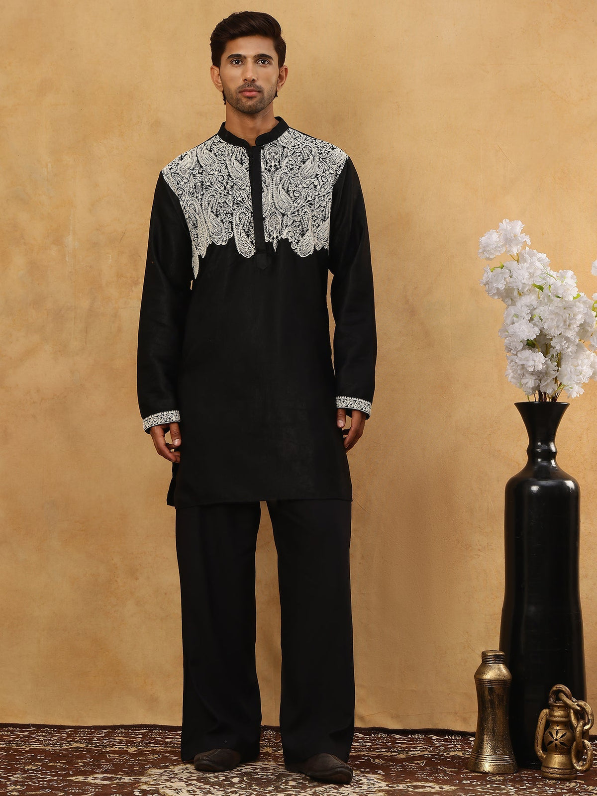 Silk Blend Embroidered Kurta Pyjama Set ( 65KP PJ11B 5465Black )