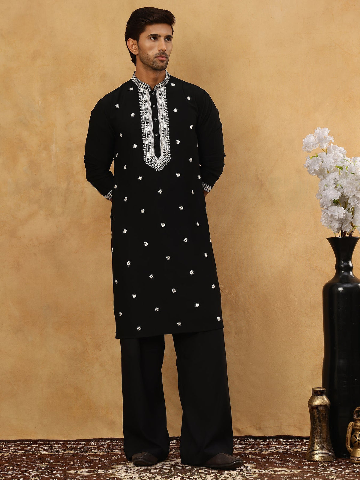 Men's Japanese Imported Embroidered Kurta Set ( 65KP PJ11B 5504Black )
