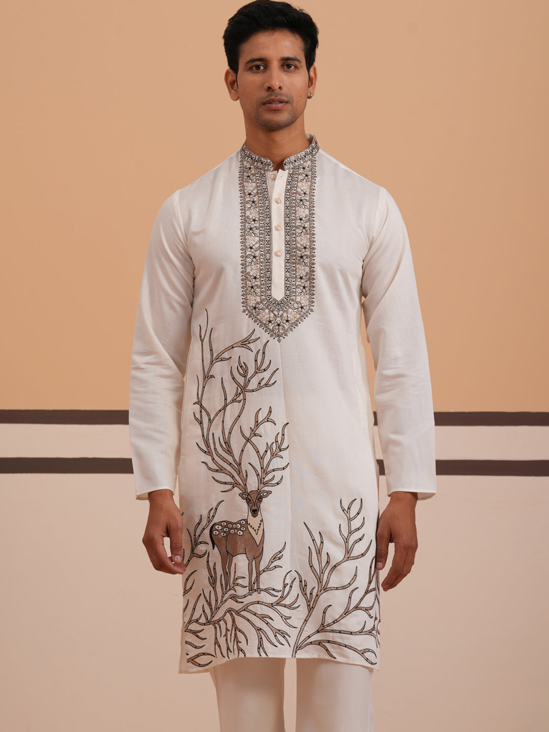 DesiQlo Men Embroidered Kurta Pyjama Set - White - 65KP_PJ11W_5342Whit