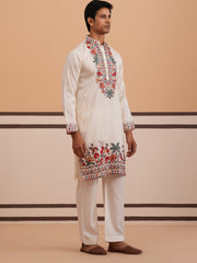 Floral Embroidered Silk Blend Kurta Set (65KP PJ11W 5356 White )