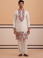 Floral Embroidered Silk Blend Kurta Set (65KP PJ11W 5356 White )