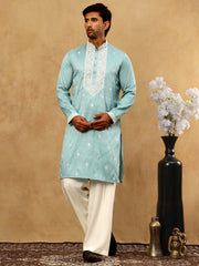 Men's Festive Cotton Blend Kurta Pyjama ( 65KP PJ11W 5360Blue )