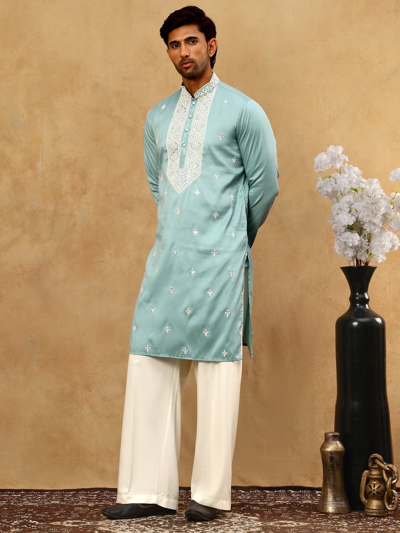 DesiQlo Men Embroidered Kurta Pyjama Set - Blue - 65KP_PJ11W_5360Blue_