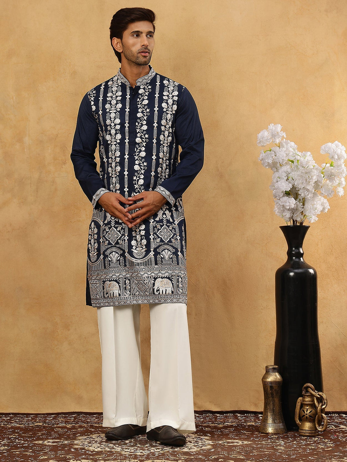 Men Silk Blend Embroidered Kurta Pyjama ( 65KP PJ11W 5415Navy )