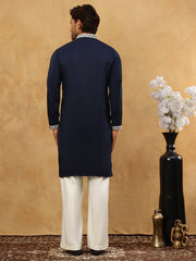 Men Silk Blend Embroidered Kurta Pyjama ( 65KP PJ11W 5415Navy )