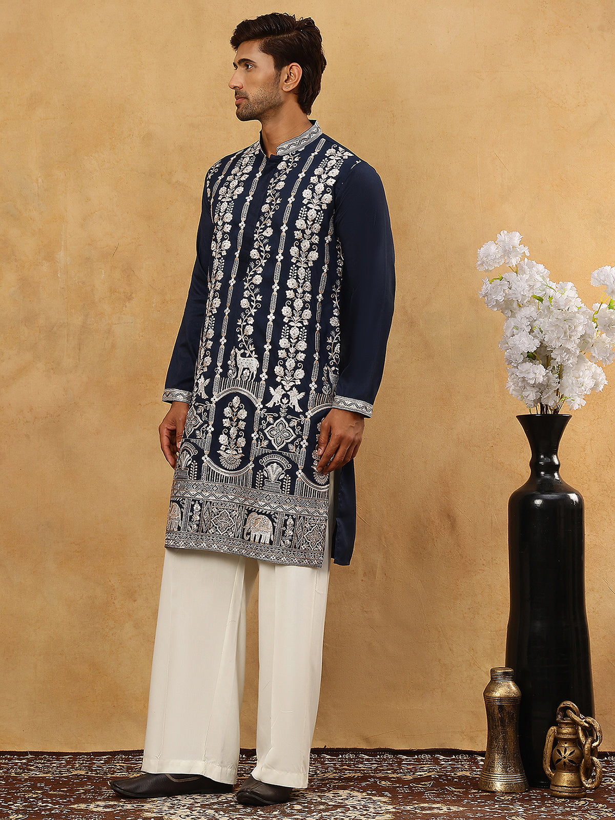 DesiQlo Men Embroidered Kurta Pyjama Set - Blue - 65KP_PJ11W_5415Navy_