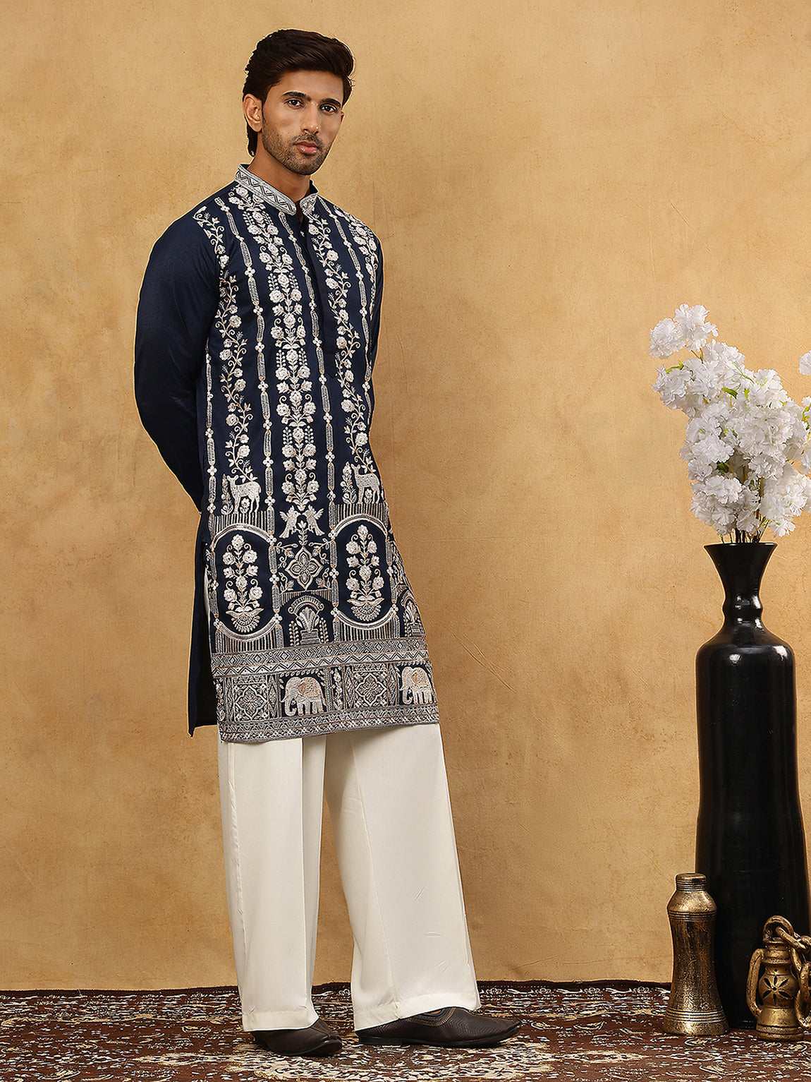 DesiQlo Men Embroidered Kurta Pyjama Set - Blue - 65KP_PJ11W_5415Navy_