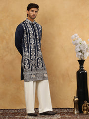 Men Silk Blend Embroidered Kurta Pyjama ( 65KP PJ11W 5415Navy )