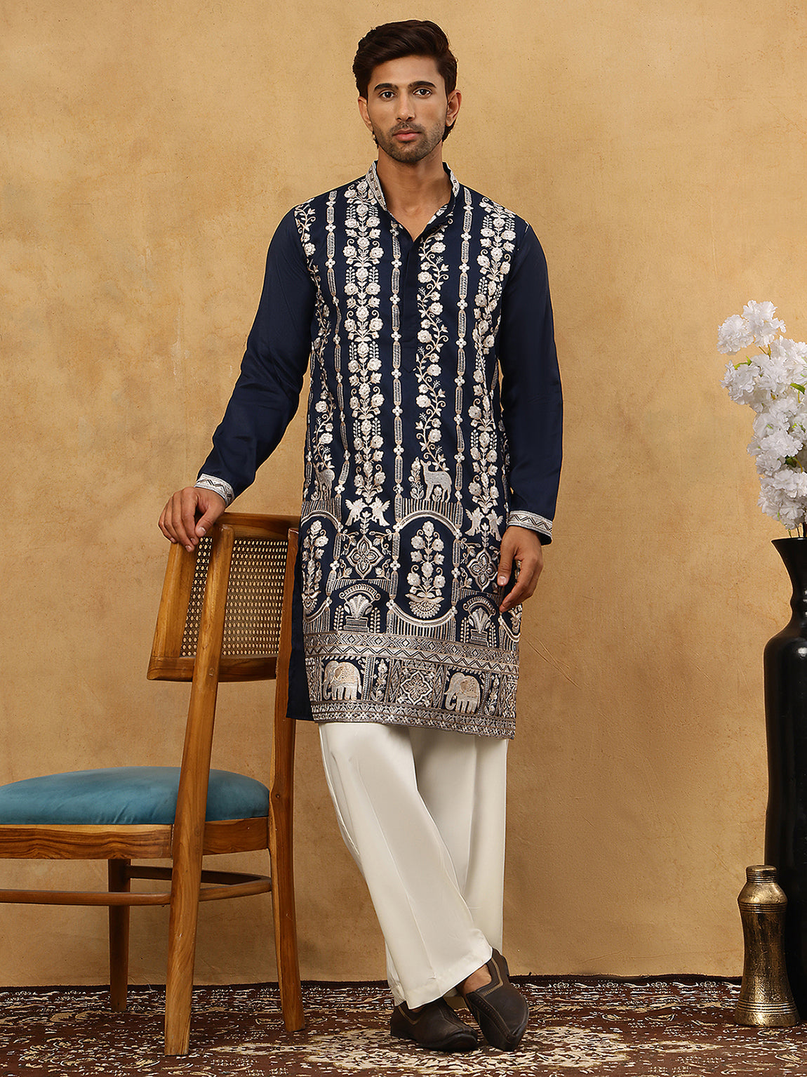 DesiQlo Men Embroidered Kurta Pyjama Set - Blue - 65KP_PJ11W_5415Navy_